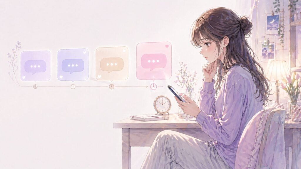 連絡が来ない彼氏に送るメッセージのタイミングを考える女性のイラスト