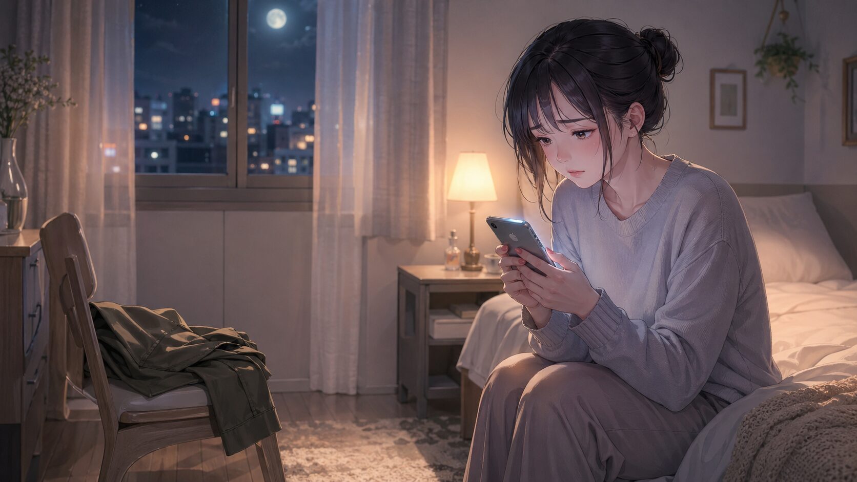 自衛隊の彼氏から連絡がこず、夜の部屋でスマホを見つめながら不安を抱える女性のイラスト
