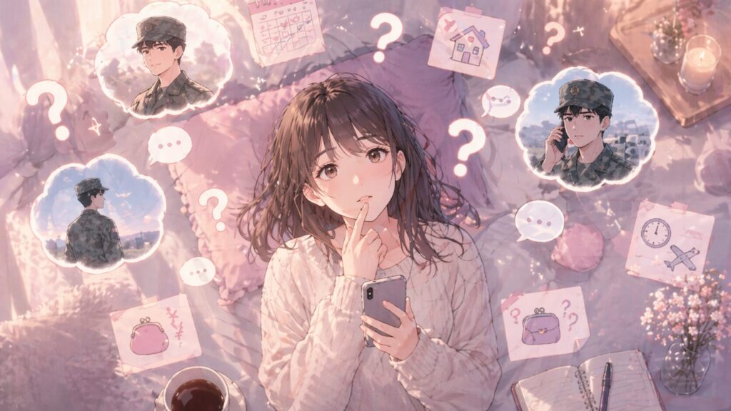 自衛隊の彼氏への疑問や不安を抱え、スマホを見ながら考え込む女性の俯瞰イラスト