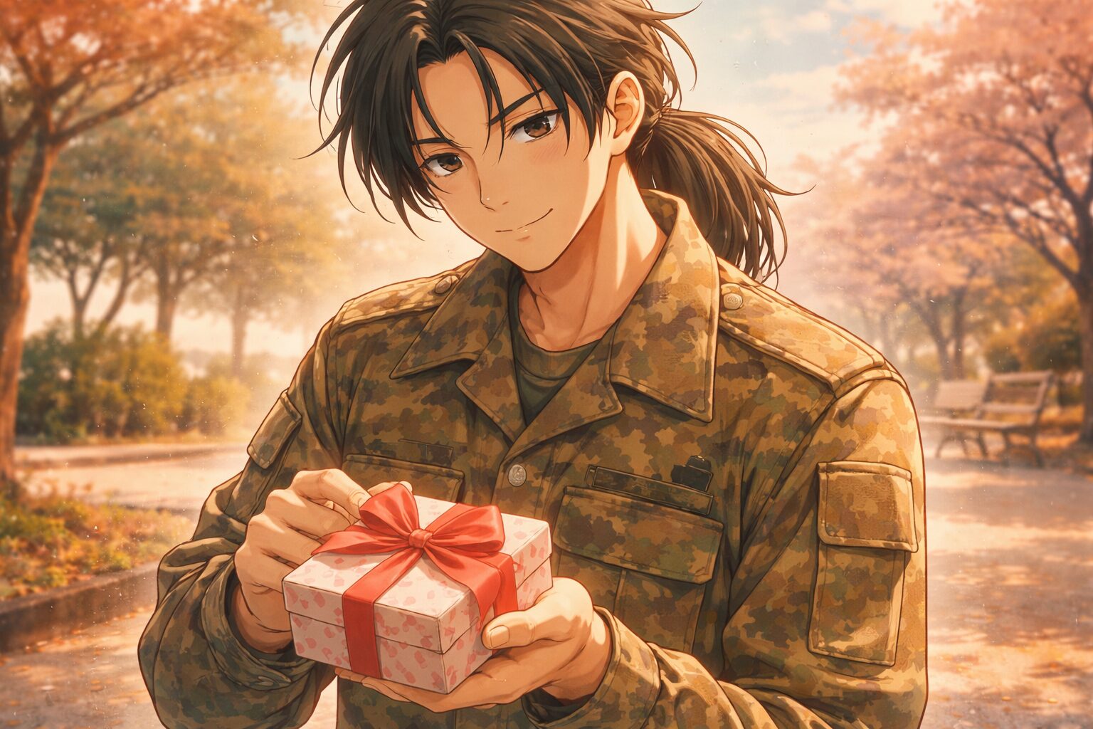 バレンタインのプレゼントを受け取る髪の長い迷彩服を着た男性