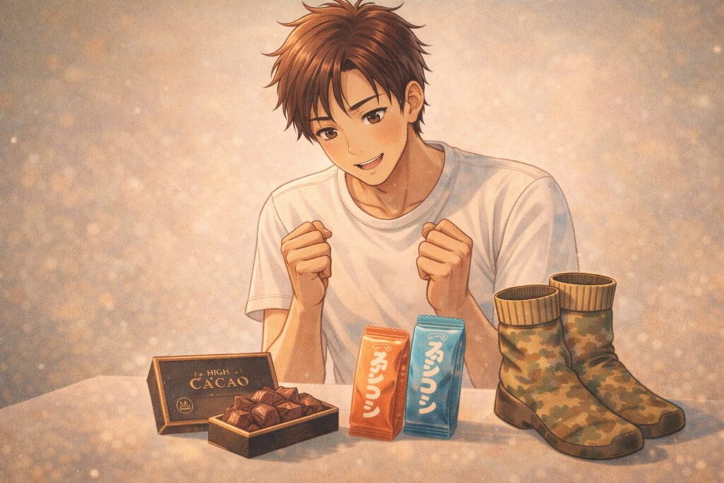 テーブルに置かれたチョコ、プロテインバー、靴下を見て喜んでいる男性