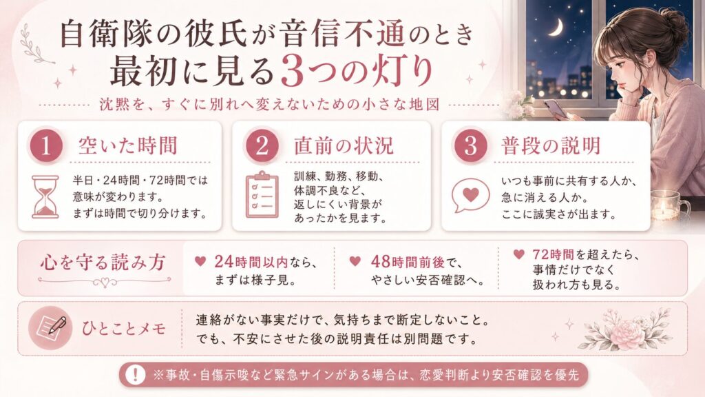 自衛隊の彼氏が音信不通のとき、連絡がない時間・直前の状況・普段の説明から判断するための図表