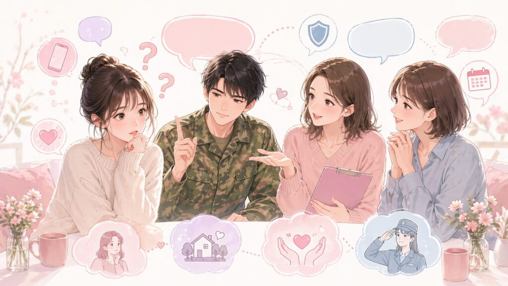 迷彩服の男性一人と二人の女性に質問される一人の女性