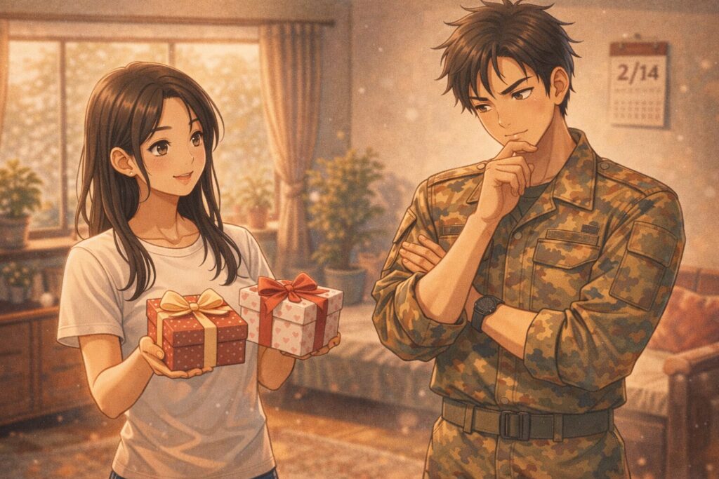 両手にプレゼントを持った女性とそのプレゼントを眺める腕を組んだ男性