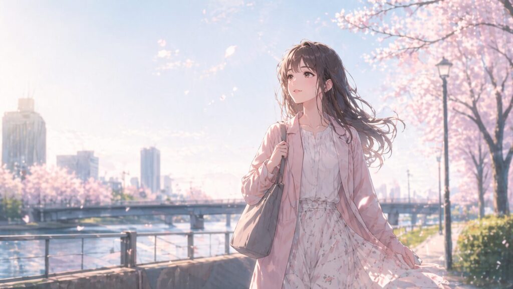 迷いを越えて春の光の中を前向きに歩き出す若い女性のイラスト