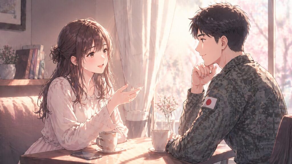 自衛隊の彼氏と穏やかに向き合い、落ち着いて話し合うカフェでの会話シーン