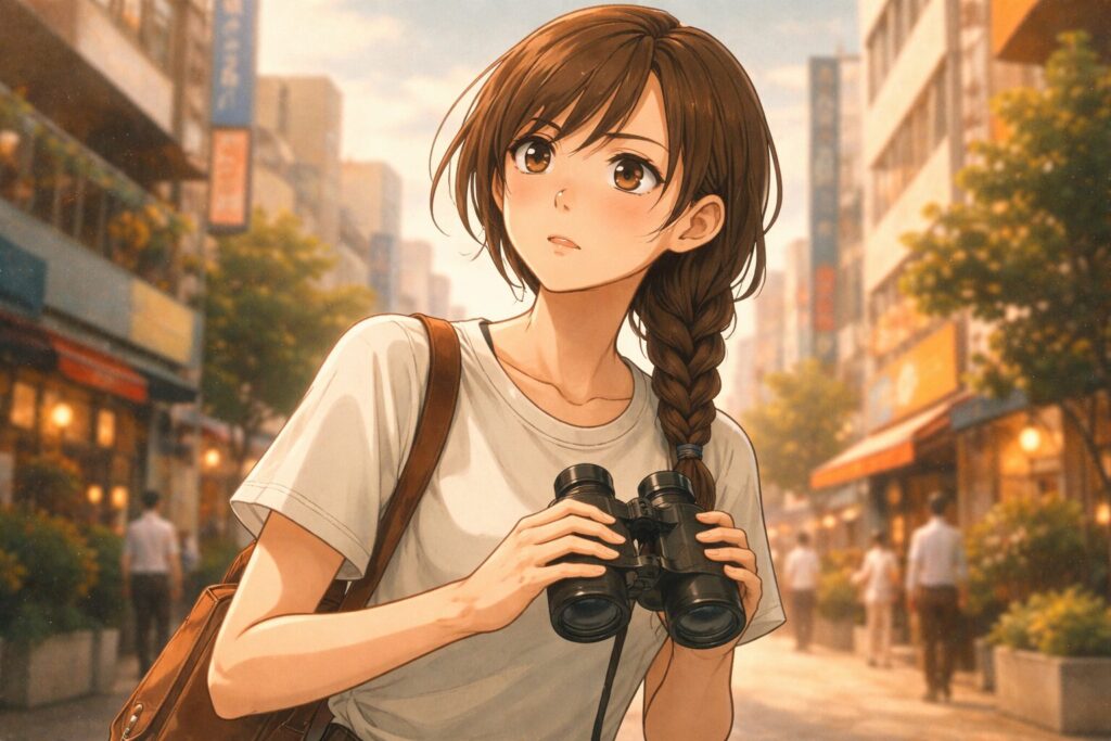 双眼鏡を持ってあたりを見渡す女性