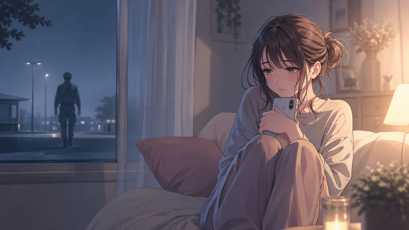 自衛隊の彼氏からの連絡を待ちながら夜の部屋でスマホを抱える女性
