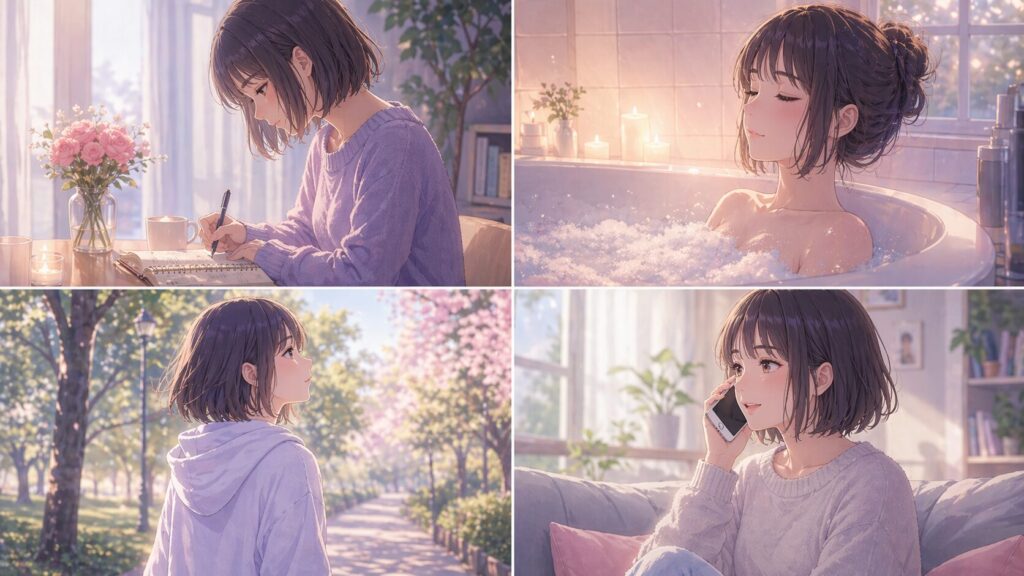 ノートを書く、入浴する、散歩する、電話するなど寂しさを整える行動のイメージ