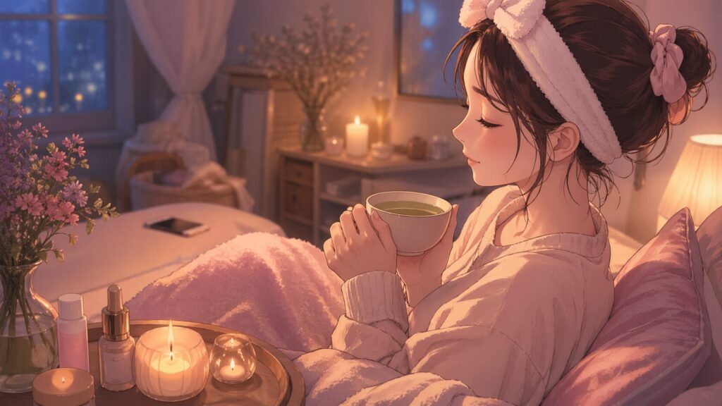 キャンドルの灯る部屋でスマホを置き温かい飲み物を飲んで休む女性