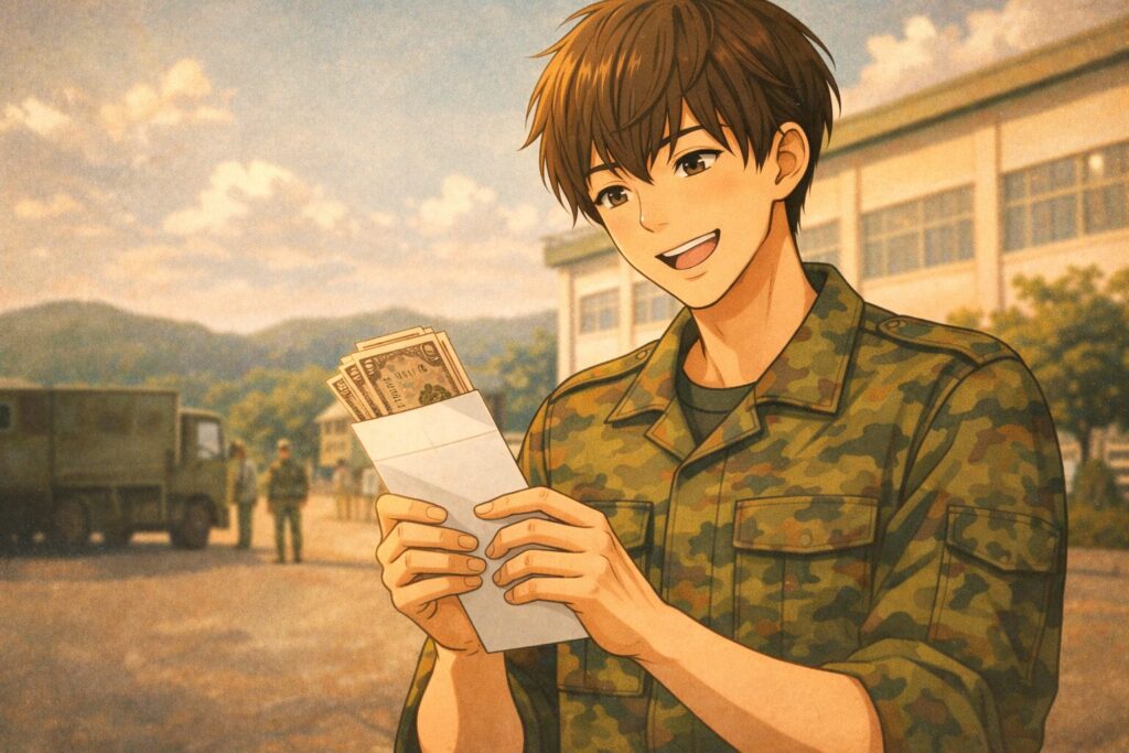 若い自衛官が給料袋に入ったお札を嬉しそうに眺めています。
