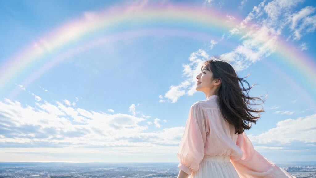 青空に大きな虹がかかる下で風を受けながら見上げる女性を描いた、前向きな希望と新しい一歩を感じさせる画像