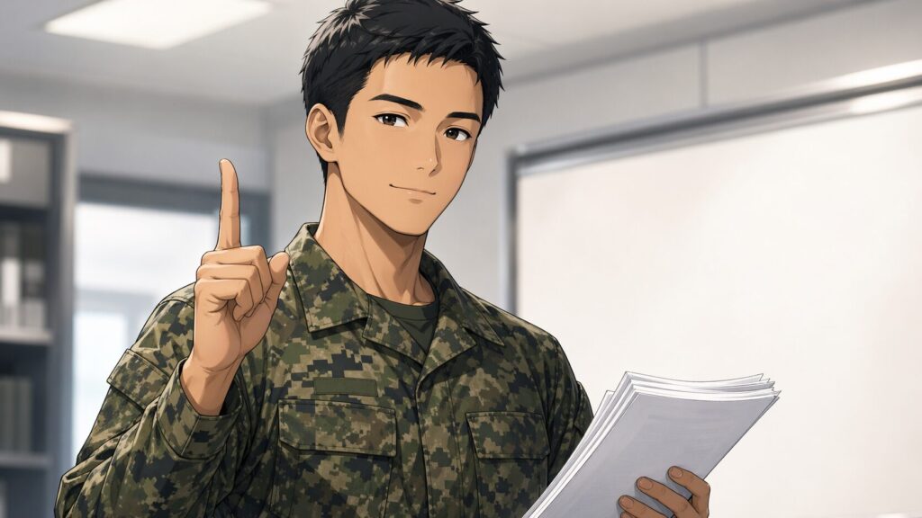 迷彩服を着た男性が人差し指を立ててこちらをみています。