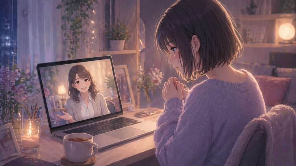 恋愛の悩みを一人で抱え込まずオンラインで相談している女性のイメージ