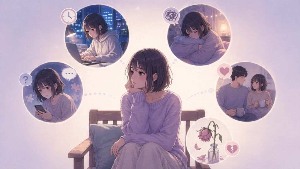 自衛隊の彼氏のLINEが減る5つの理由をイメージした女性と複数の場面のイラスト