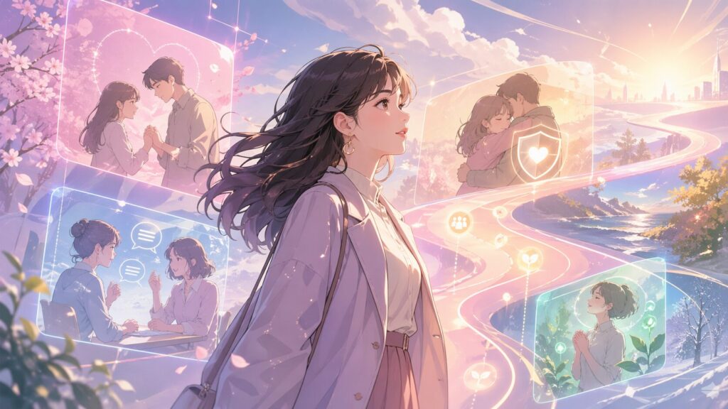 未来の恋愛や安心できる関係を象徴する光の道を見つめる女性