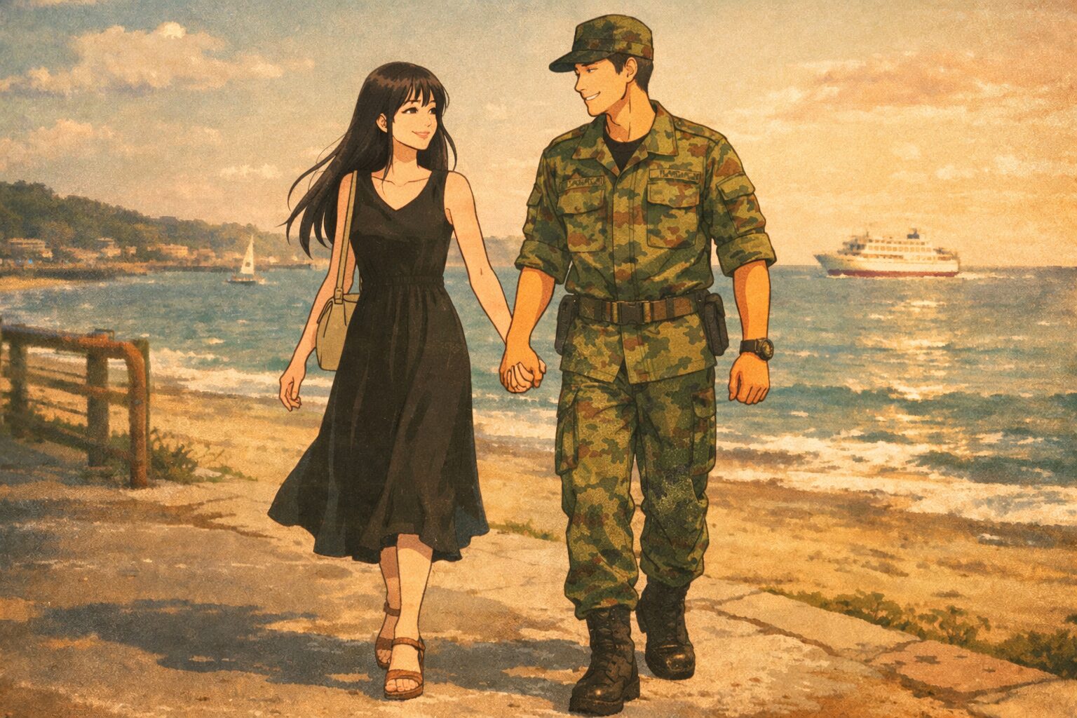 黒いワンピースの女性と自衛隊の迷彩服を着ている男性が海岸沿いを歩いている