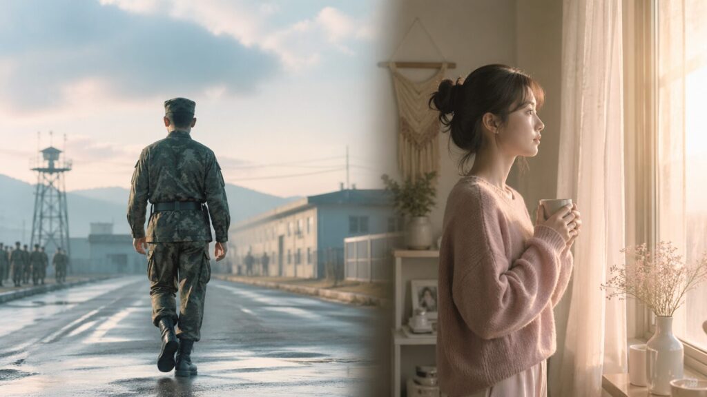 駐屯地を歩く迷彩服の男性と、窓辺で外を見つめる女性を左右に配置し、自衛隊彼氏との生活リズムの違いを表現した画像