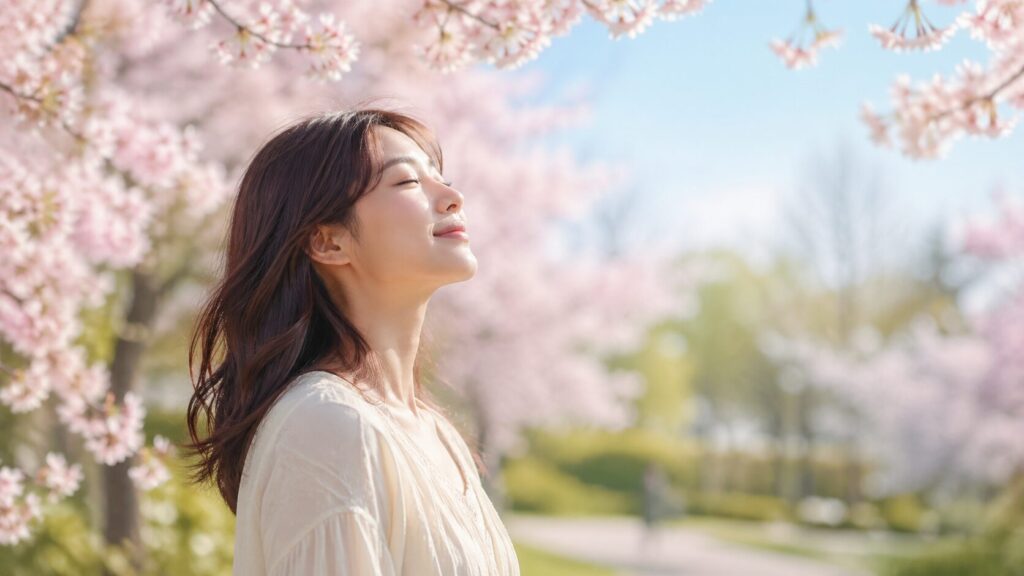 桜の下で目を閉じて深呼吸する女性を描いた、自分を大切にする時間と心の回復を表現するイメージ