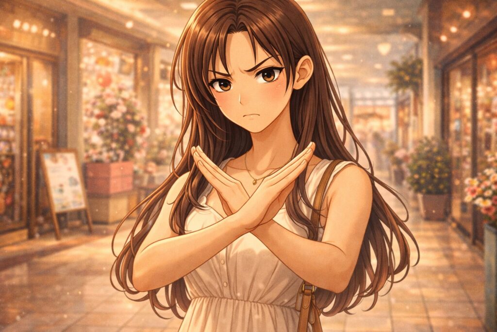 茶髪のロングの女性がこちらに向かって手で×印を作っている様子