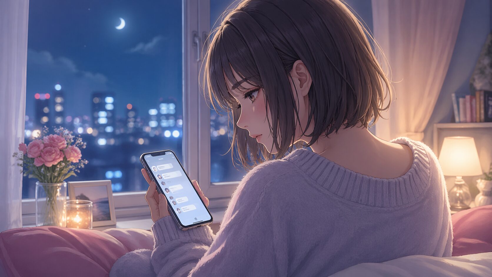 自衛隊の彼氏からのLINEが減り、夜の部屋でスマホを見つめる女性のイメージ