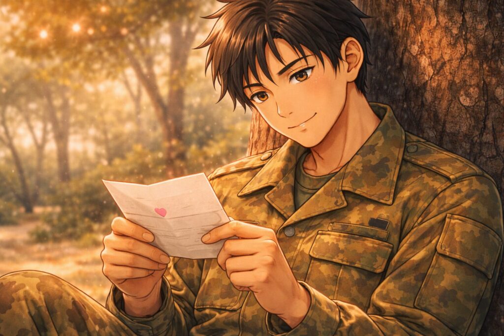 気にもたれかかり彼女からもらった手紙を読む男性