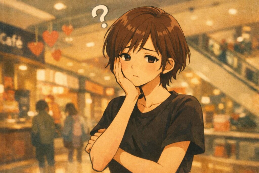 腕を組み頭にはてなを浮かべ困っているTシャツを着た女性