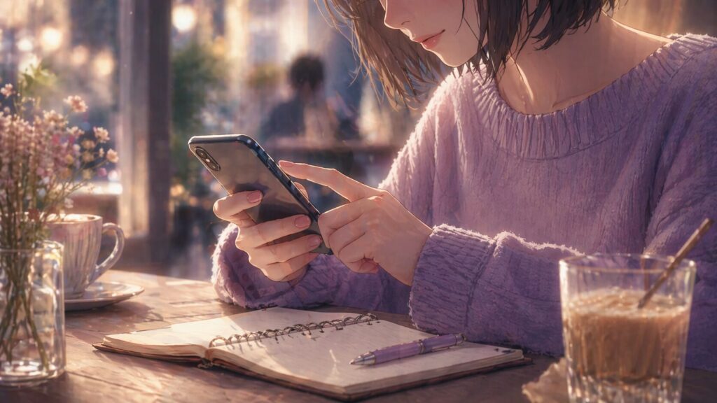 自衛隊の彼氏に重くならないLINEを送るイメージのスマホとノートの写真風イラスト