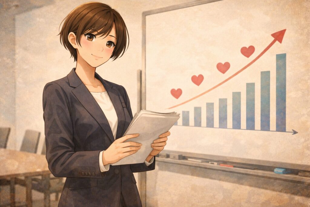 スーツを着た茶髪のショートの女性がホワイトボードの内容を解説しています