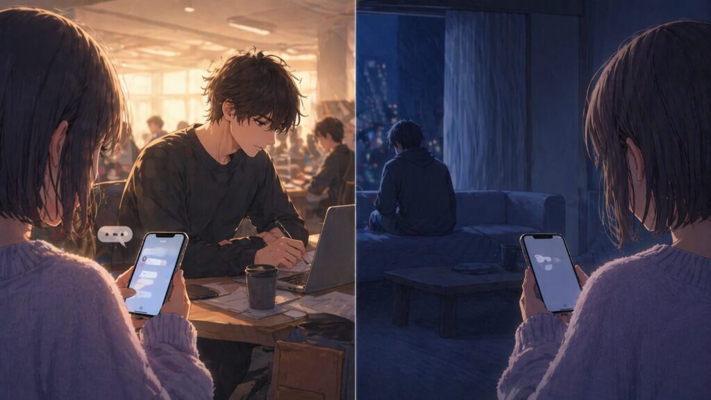 自衛隊の彼氏が忙しいだけの場合と冷め始めた場合の違いを対比したイメージ画像