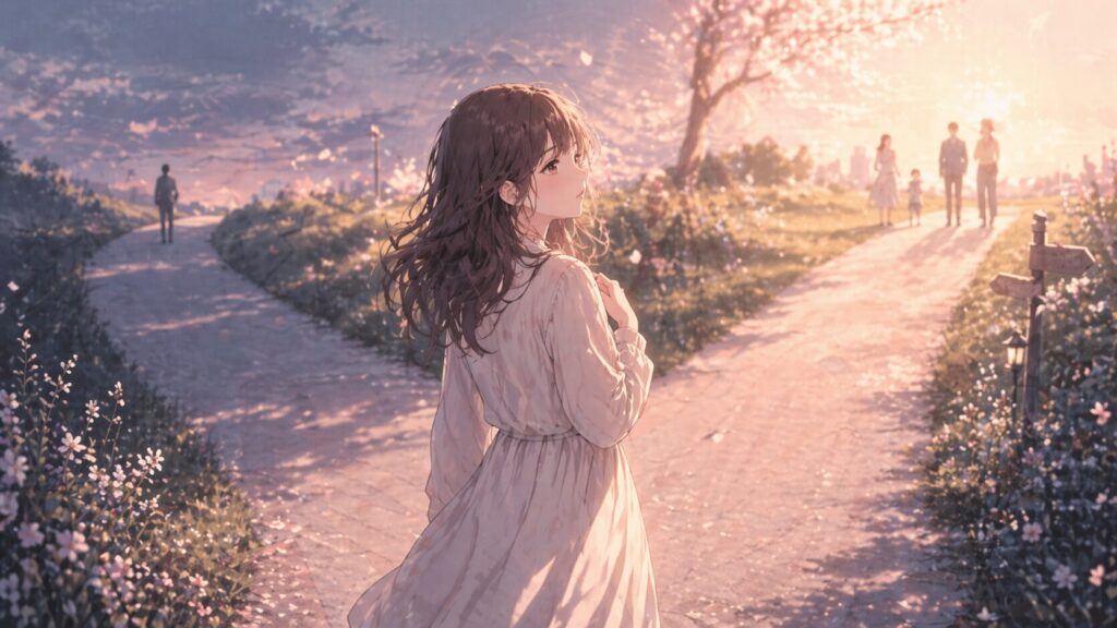 恋愛に迷う女性が分かれ道の前で立ち止まり、自分の未来を選ぼうとするイラスト