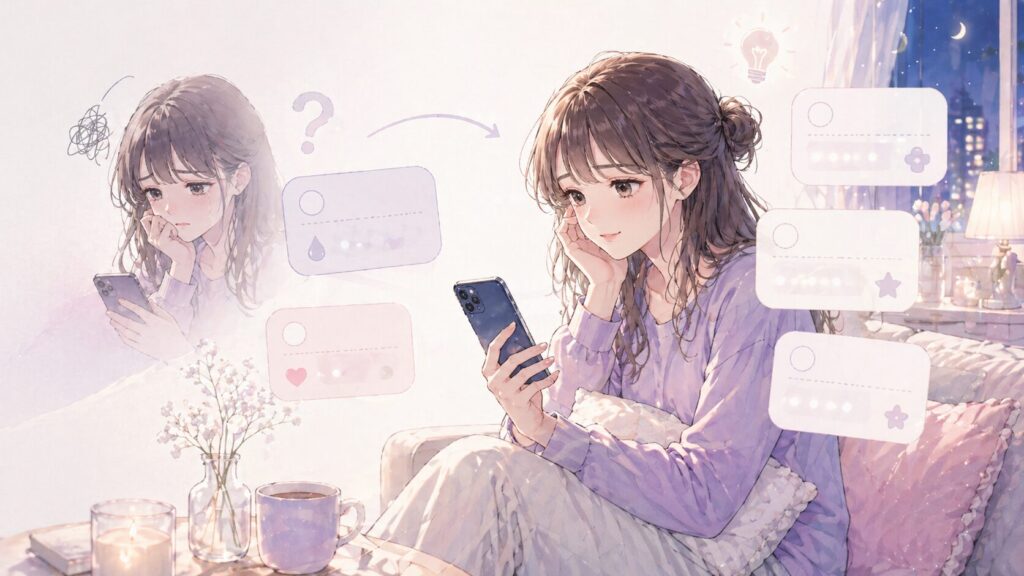 音信不通に関する疑問を整理しながら安心を取り戻していく女性のイラスト