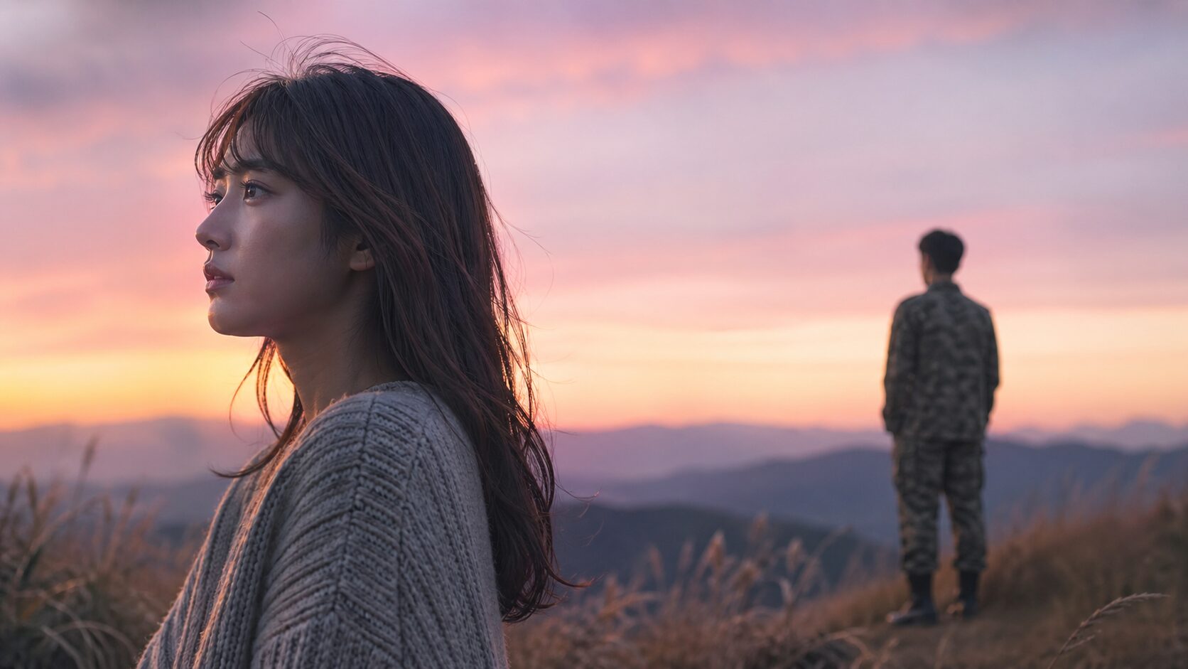 夕暮れの丘で遠くを見つめる女性と、少し離れた場所に立つ迷彩服姿の男性を描いた、自衛隊彼氏との距離感を表現する横長イメージ