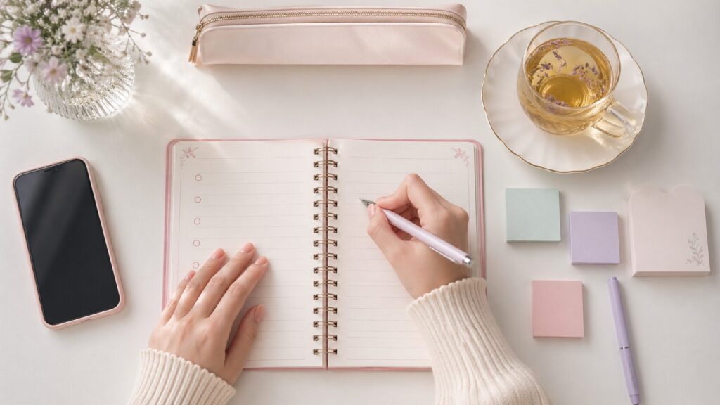 ノートに向かって手帳を書き込む女性の手元とスマートフォン、小物を俯瞰で写した、自分の気持ちを整理するイメージ