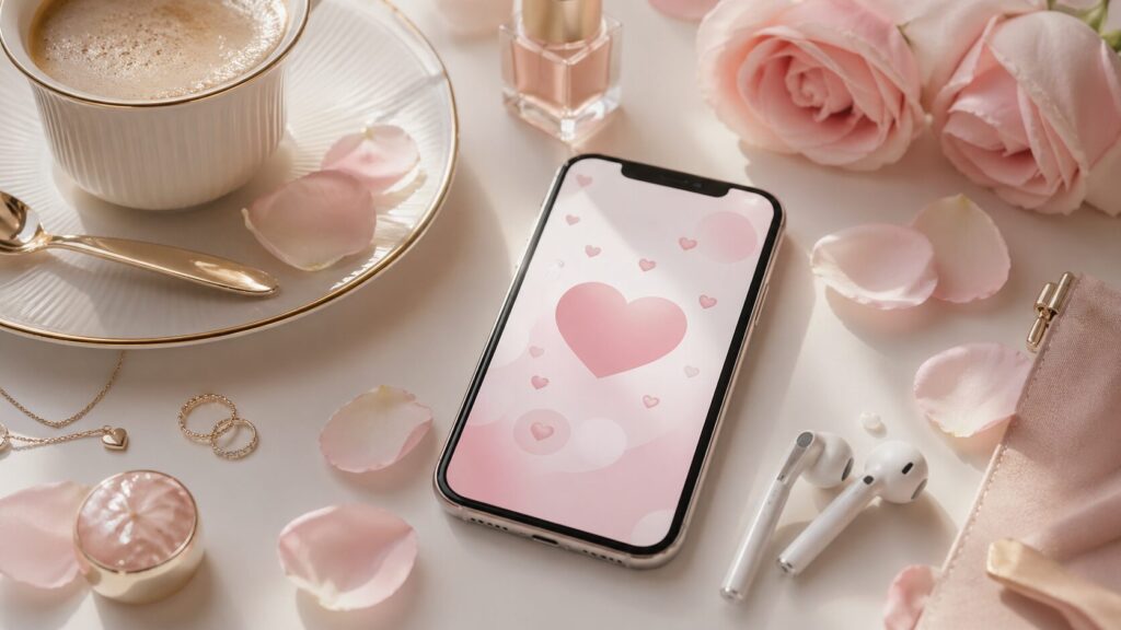 花びらやアクセサリーに囲まれたスマートフォンを写した、恋愛相談やマッチングサービスをやわらかく表現した横長画像