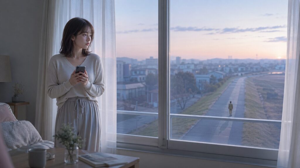 早朝の窓辺でスマホを胸に抱え、自衛隊の彼氏の忙しい生活を思う女性のイラスト