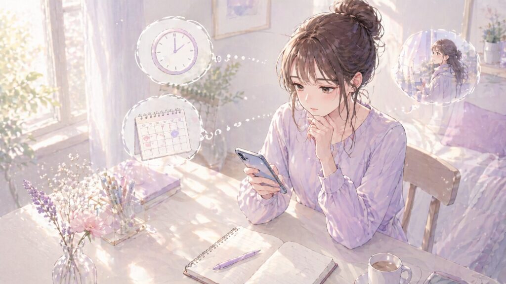 自衛隊の彼氏からの連絡が来ない期間を整理しながらスマホを見る女性のイラスト