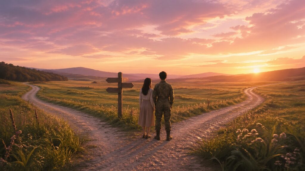 夕焼けの野原で分かれ道の前に並んで立つ男女の後ろ姿を描き、自衛隊彼氏との未来や選択を象徴した画像