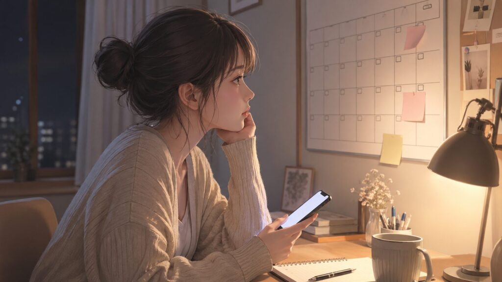 自衛隊の彼氏から連絡がこない理由を、スマホと予定を見ながら冷静に考える女性の横顔イラスト