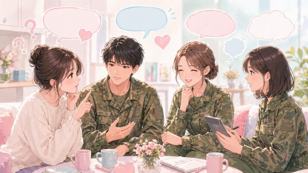 迷彩服を着た女性２人と男性１人が私服の１人の女性と対話しています。