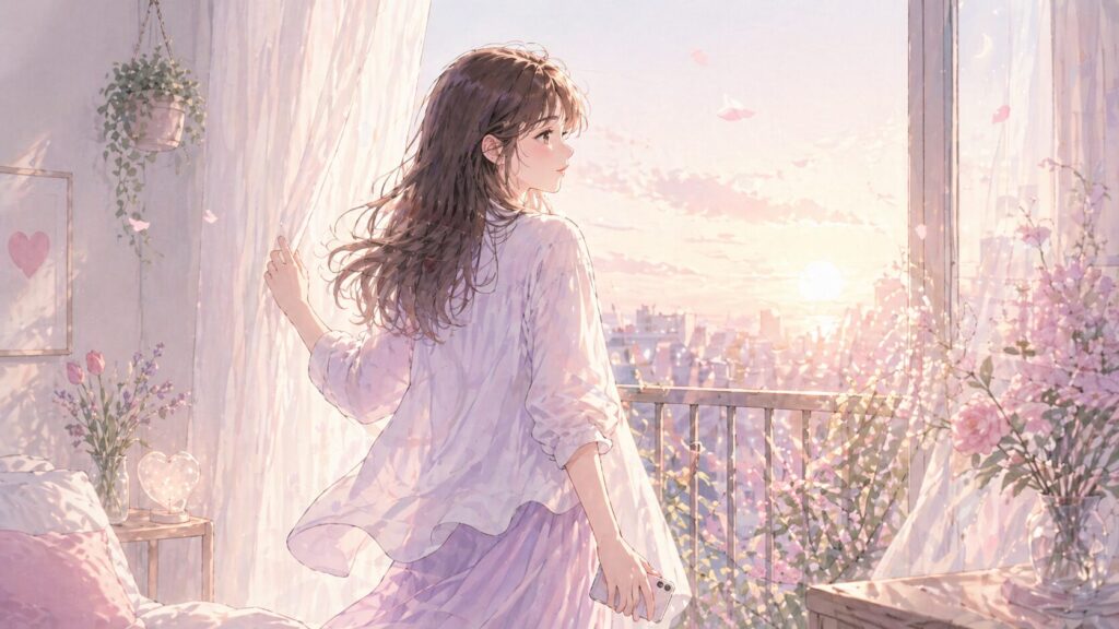 音信不通の不安を抱えながらも、朝の光の中で前を向こうとする女性のイラスト