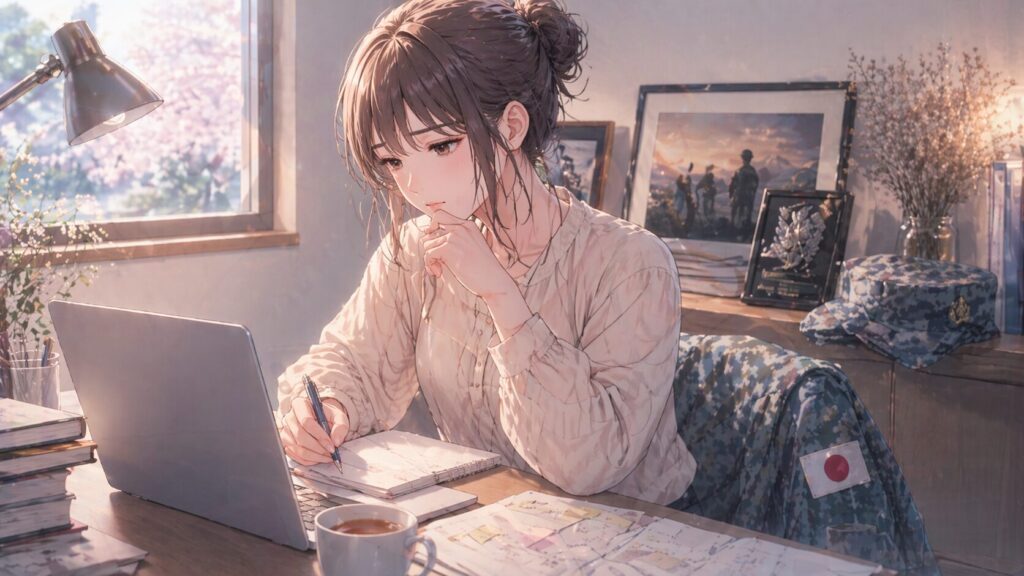 元自衛官の女性ライターが机に向かい、自衛隊恋愛について考えながら執筆する様子