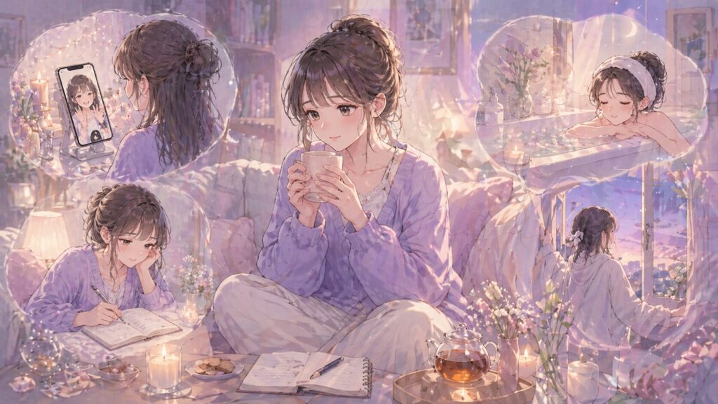 彼からの連絡を待ちながら、お茶や入浴などで自分を整える女性のイラスト