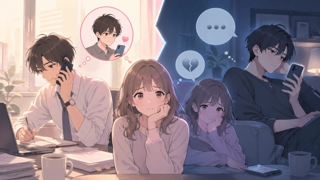 ている？」H2直下
忙しくても連絡する男性と冷たくスマホを見続ける男性の対比に悩む女性