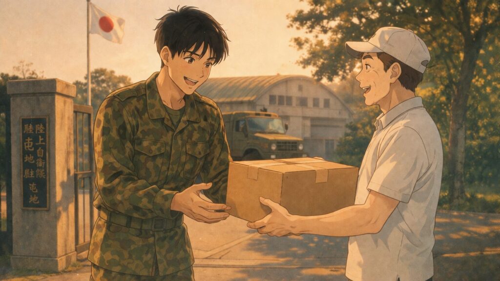 荷物を配達する配達員の男性とその荷物を受け取ろうとしている自衛官の男性