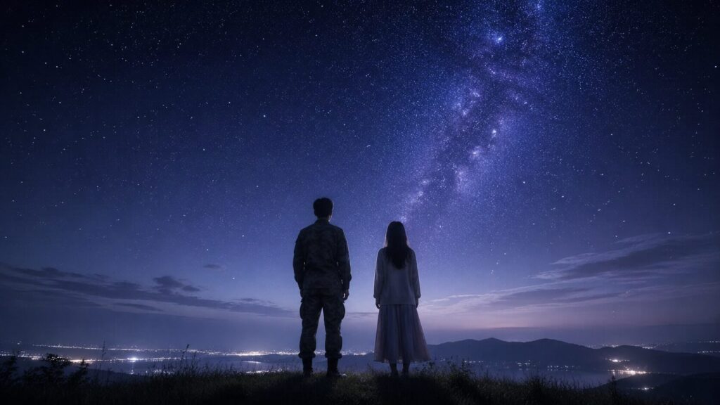 星が広がる夜空の下で並んで立つ男女の後ろ姿を描いた、自衛隊彼氏との絆と静かな希望を表す横長画像