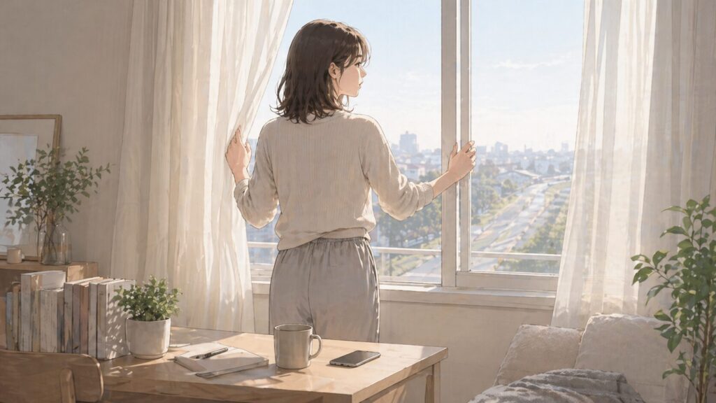連絡がこない彼氏を待つだけでなく、自分の心を守るために朝の窓を開ける女性のイラスト