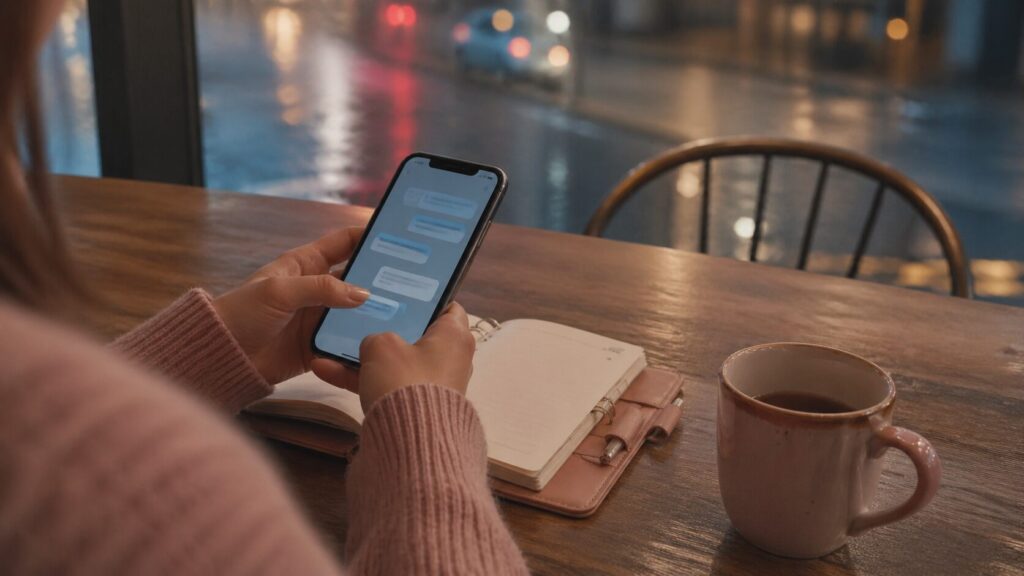 雨の見えるカフェでスマートフォンを握る女性の手元を写し、メッセージの行き違いと心のすれ違いを表した横長イメージ