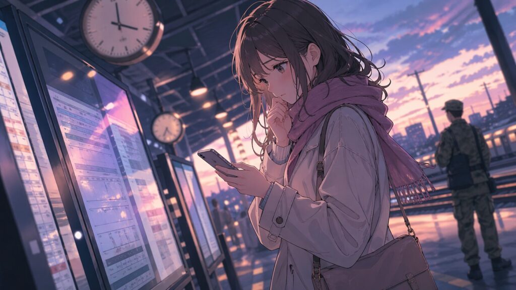 夕暮れの駅でスマホを見つめながら彼からの連絡と予定を待つ女性