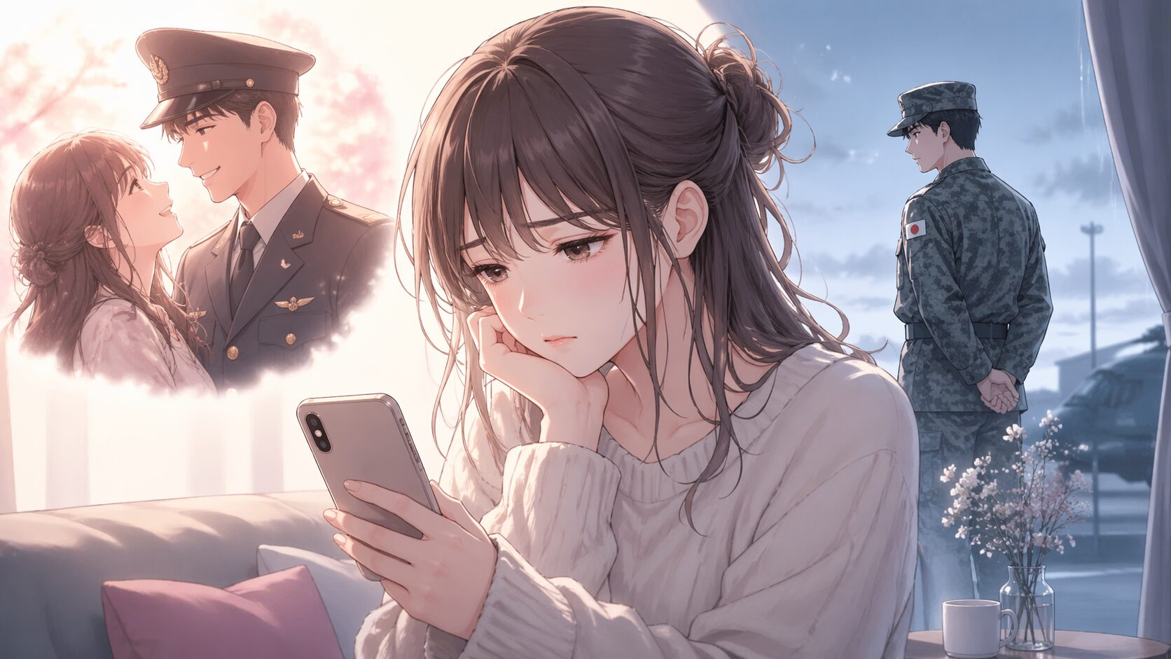 自衛隊の彼氏との恋愛で、理想と現実のギャップに悩みスマホを見る女性